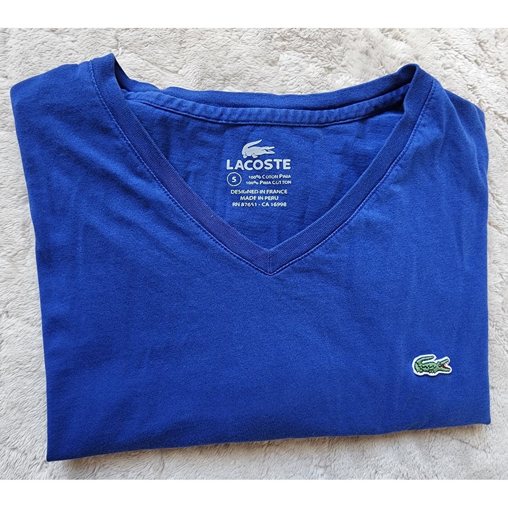 Lacoste Mens V-Neck T-Shirt Blue Cotton Size 5 Logo Tee Medium